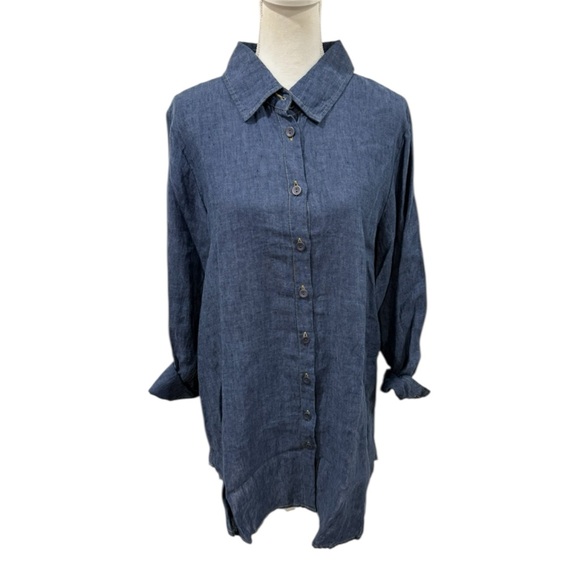 Flax 100% Linen Dark Chambray Long Sleeve Button Up Linen Shirtdress - Picture 2 of 10